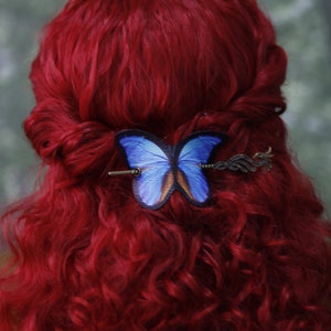 Blue Butterfly Hair Barrette in Vegan Leather blue morpho Autumn whimsical accessory head piece woodland cottagecore image 7
