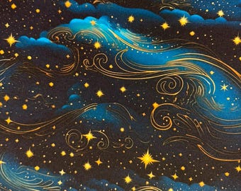 Stars and blue sky fabric - Celestial Nocturne Fairytale  Fabric- DIY