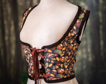 Corsage hobbit, châtaignes automne corset Renaissance fleurs style cottagecore gilet, jeune fille steampunk régence