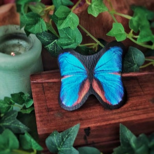 Blue Butterfly Hair Barrette in Vegan Leather blue morpho Autumn whimsical accessory head piece woodland cottagecore image 3