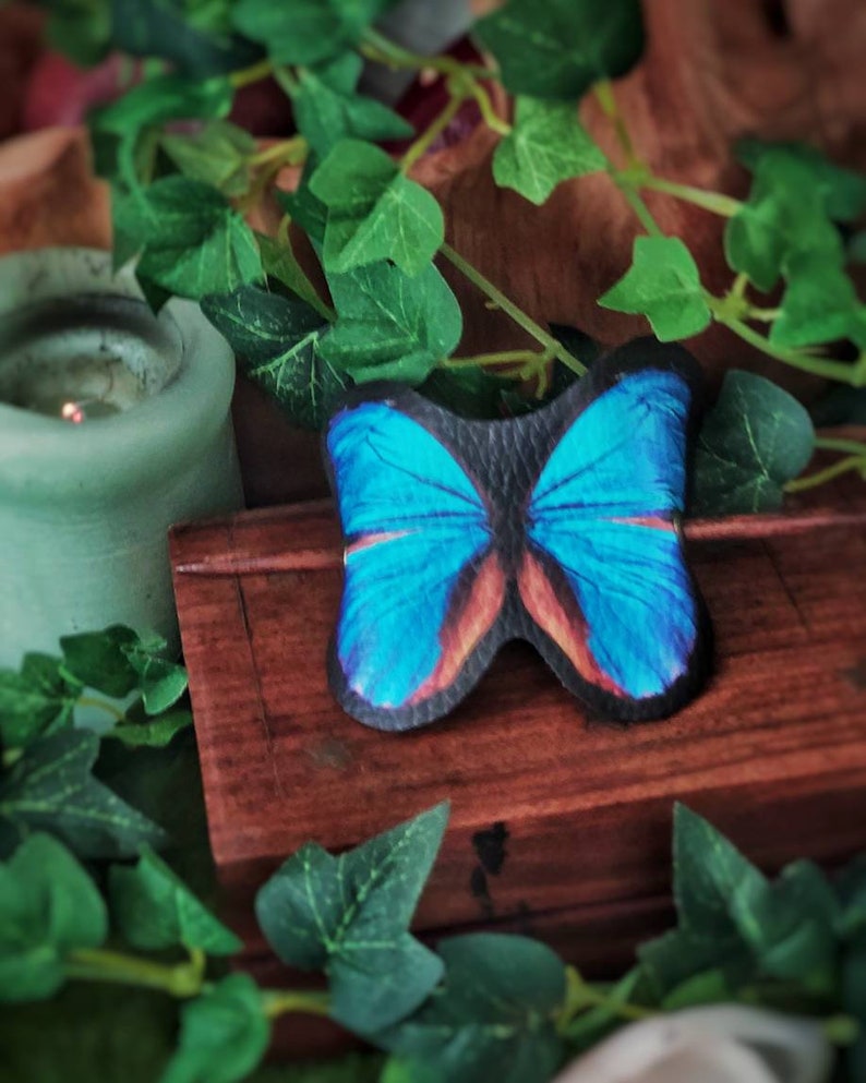 Blue Butterfly Hair Barrette in Vegan Leather blue morpho Autumn whimsical accessory head piece woodland cottagecore image 3