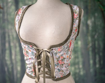 Corsage hobbit, corset Renaissance fleurs style cottagecore gilet, jeune fille steampunk régence