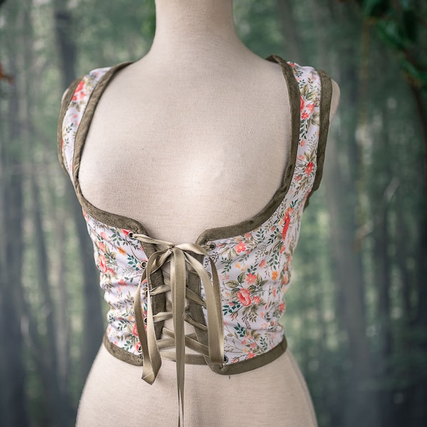 Hobbit bodice, Renaissance corset flowers cottagecore style  corset vest, Wench regency steampunk