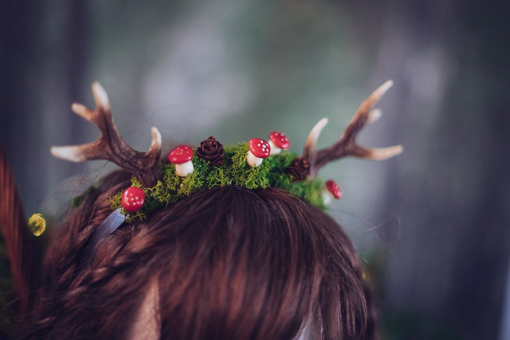 Deer Antlers with mushrooms Costume Horns resin moss Headpiece Kawaii Mori Kei Woodland Lolita Fawn Faun Larp Faerie