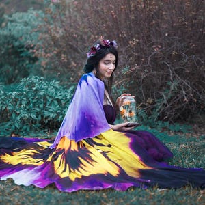 Flower cape floral cloak Pansy scarf shawl purple and yellow poncho convertible skirt image 7