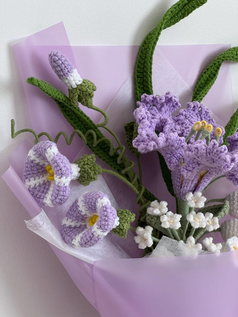 Purple Crochet Flower Bouquet | Crape Myrtle & Morning Glory Bouquet ...