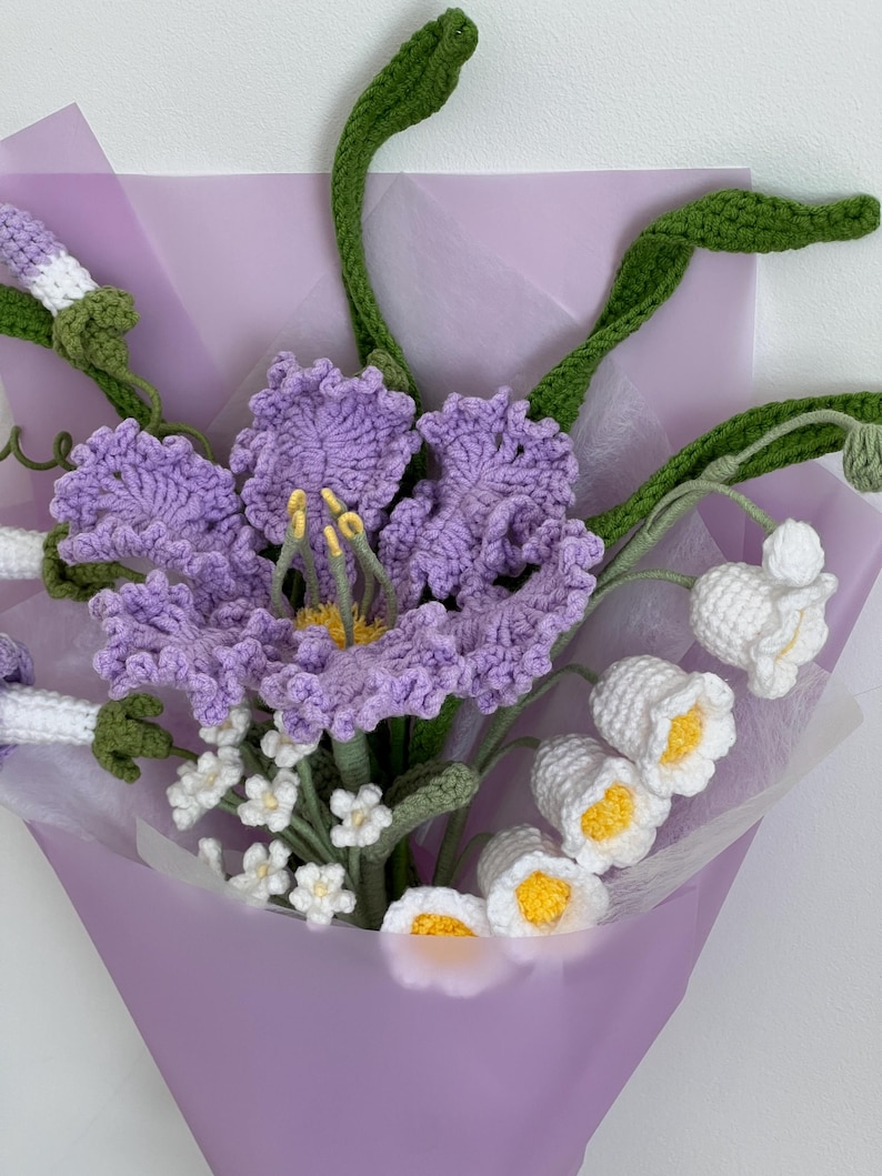 Purple Crochet Flower Bouquet | Crape Myrtle & Morning Glory Bouquet ...