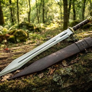 May include: A double-edged steel sword with a central fuller, featuring a dark brown leather-wrapped grip, a brass pommel, and a brass crossguard. The sword is accompanied by a matching dark brown leather scabbard with stitched detailing.