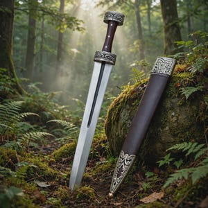 May include: A double-edged sword with a dark wooden handle, silver-colored metal pommel, and crossguard featuring intricate embossed patterns. The blade is straight and metallic. Beside it lies a matching dark brown scabbard with silver-colored metal fittings.