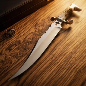 May include: A large, ornate dagger with a serrated edge and a cross-shaped cutout on the blade. The handle features a textured, light-colored material and a cross-shaped guard. A gold-colored ring with a cross design is also present.