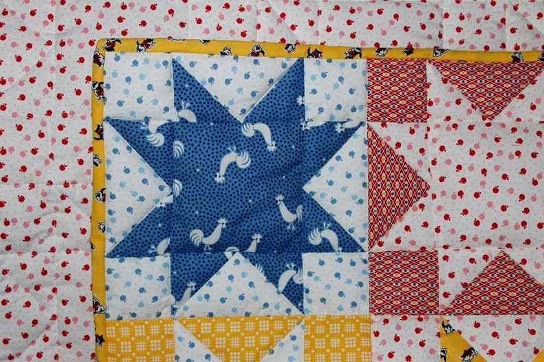Baby quilt red white blue yellow stars pieced reversible 39 x 31 FREE SHIPPING