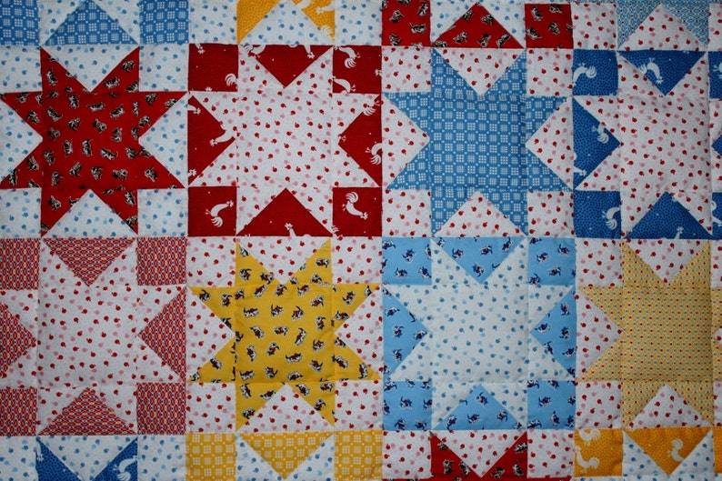 Baby quilt red white blue yellow stars pieced reversible 39 x 31 FREE SHIPPING