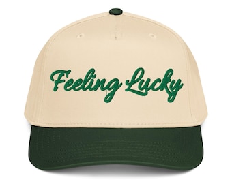 Feeling Lucky - Unisex 3D Puff Embroidered Trucker Cap - Green and Beige Baseball Cap