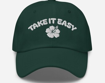 Take It Easy Hibiscus 3D Puff Embroidered Baseball Cap – Beach Vibe Dad Hat
