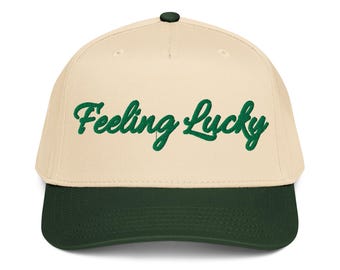 Feeling Lucky - Unisex 3D Puff Embroidered Trucker Cap - Green and Beige Baseball Cap