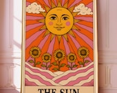 Tarot Card Art Sun Print Vintage Boho Tarot Wall Decor Colorful Sunflower Illustration Retro Spiritual Poster Major Arcana Artwork
