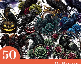 50 PNG Halloween Clipart Bundle, Dark Fantasy Png, Animal Clipart, Raven And Crow Png, Raven And Roses Clipart, Spooky Vibes Png