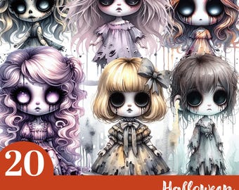 Gothic Zombie Clipart Bundle, Chibi Zombie Doll Png, Halloween Clipart, Horror Haloween Png, Creepy Haunting Clipart, Scary Blood Png