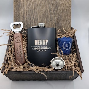 Personalized Groomsmen Gift Box Set | Groomsmen and Best Man Gifts | Box Handmade in USA | Custom Engraved Flask, Bottle Opener, Shot Glass