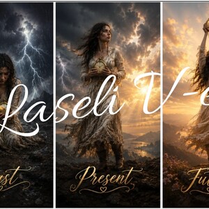 Könnte beinhalten: Ein Triptychon-Kunstdruck mit dem Titel Laseli V-e, bestehend aus drei Tafeln mit der Aufschrift Past, Present und Future. Jede Tafel zeigt eine Person in einem zerfetzten Kleid, die eine Taschenuhr vor wechselnden Landschaften mit Gewitterhimmel hält.