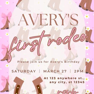 Editable First Rodeo Birthday Invitation - Pink Cowgirl Party Template