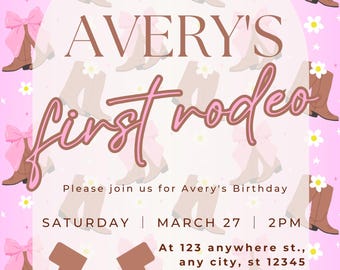 Editable First Rodeo Birthday Invitation - Pink Cowgirl Party Template