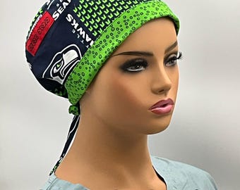Game Changer. Seattle Seahawks  Scrub Cap: Comfortable Cotton Tie-Back, All Sizes
