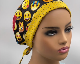 Emoji  Pattern Scrub Cap, Vibrant Medical Hat, Bouffant Tieback Euro Styles