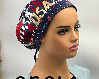 Gorros quirúrgicos patrióticos: estilo europeo, abullonado, de algodón desgastado con cierre de lazo.