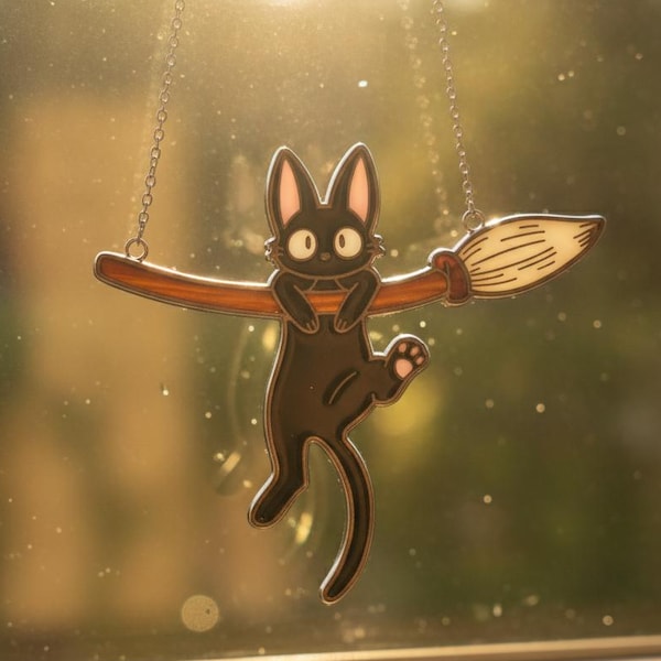 Ki.ki's De.livery Ser.vice Ji.ji Cat On Broom Suncatcher, Studio Ghibli Anime Window Hanging Decor, Kawaii Resin Art Gift