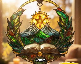Attrape-soleil montagne livre elfique inspiré de Tolkien - Art de faux vitrail - Décoration de coin lecture fantastique et cadeau unique
