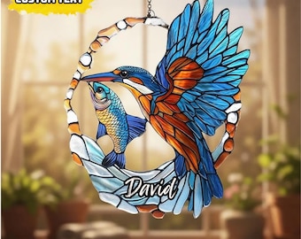 Levendige ijsvogel suncatcher met vis, faux glas-in-lood raamdecoratie, acryl vogel kunst opknoping, natuurliefhebber cadeau