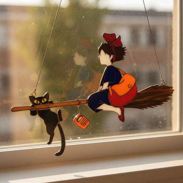 Kiki's Delivery Service Suncatcher, Studio Ghibli Resin Window Hanging, Jiji Black Cat Anime Fan Gift, Witch Broom Decor
