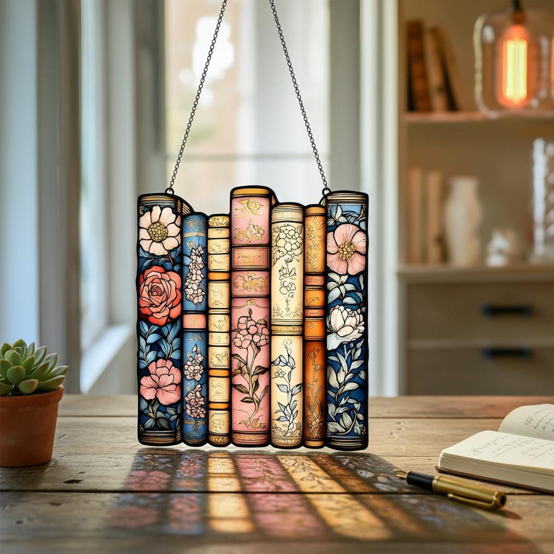 Bookworm Window Display Charming Literary Stained Glass Window Hanging, Vintage Book Spine Art ...