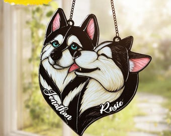 Personalized Husky Dog Suncatcher | Custom Dog Couple Window Hanging Art | Faux Stained Glass Pet Memorial Gift | Home Decor