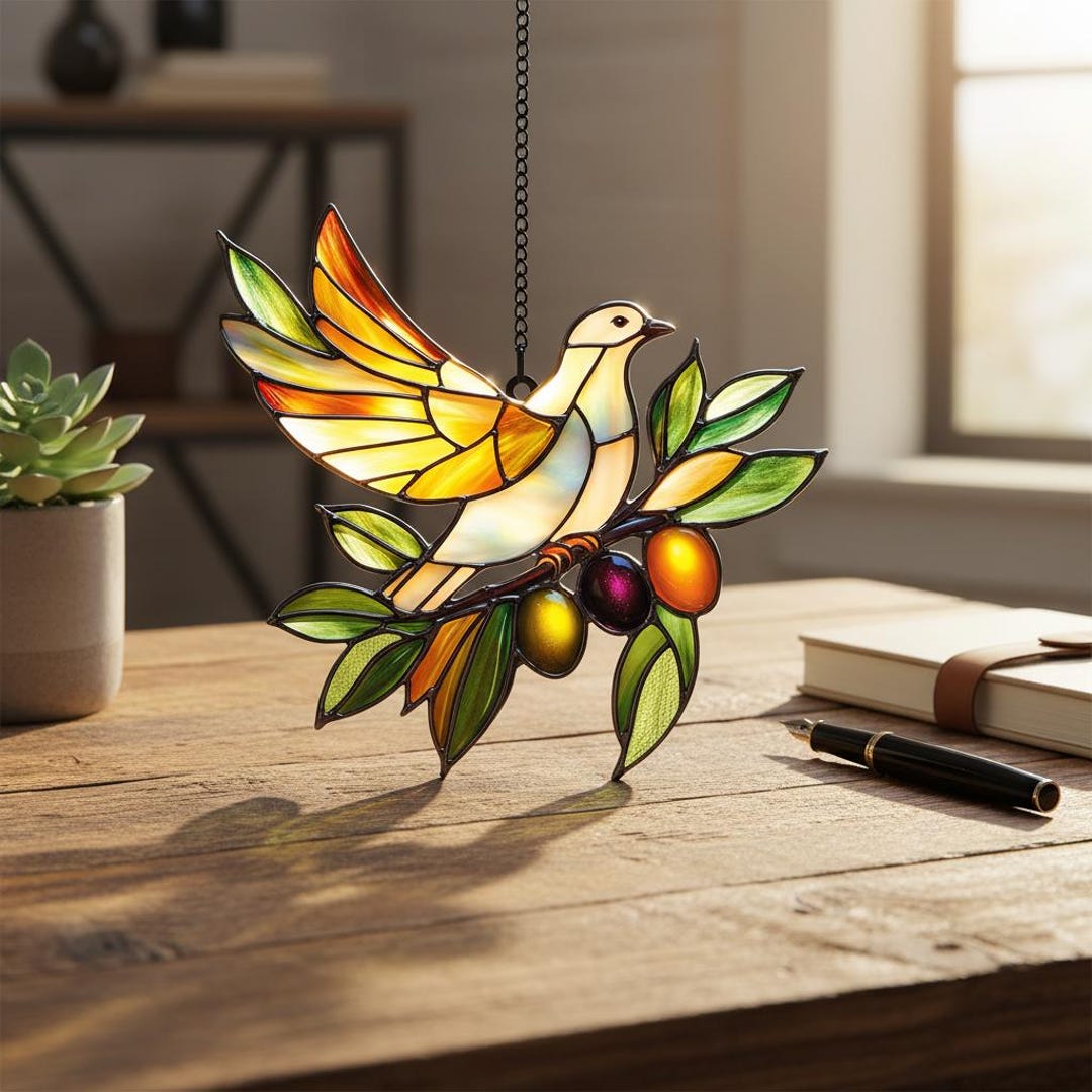 Elegant Peace Dove Faux Stained Glass Acrylic Suncatcher, Olive Branch ...