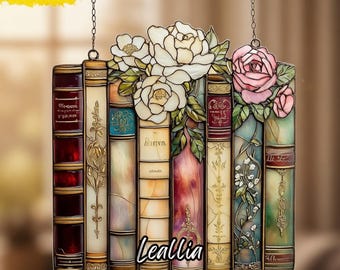 Acryl Buch Liebhaber Sonnenfänger, Blumen Bibliothek Fensterbehang, Buntglas Buch Stapel Dekor, Einzigartiges Leser Geschenk, Kunst für Zuhause