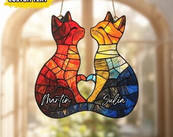 Acrylic Suncatcher Cat Window Hanging, Faux Stained Glass Love Cats Decor, Vibrant Rainbow Pet Lover Gift, Heart Shaped Home Art