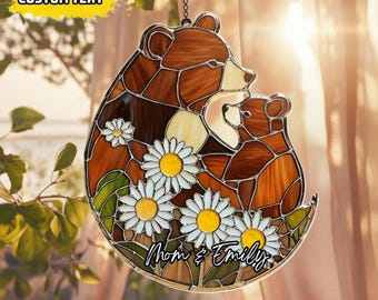 Bear Family Acrylic Suncatcher, Faux Stained Glass Window Hanging With Daisies, Nature Woodland Home Decor Gift For Mom Nursery Art
