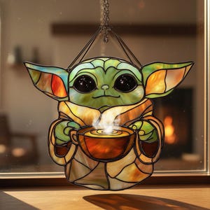 Cute Gro.gu Faux Stained Glass Suncatcher, Baby Yoda Acrylic Window Hanging, Man.dal.orian Star Wars Sci-Fi Decor Gift