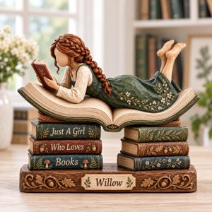 May include: A figurine of a person with braided auburn hair lying on an open book, which rests on a stack of six books. The books feature the text "Just A Girl", "Who Loves", "Books", and "Willow". The figurine wears a green dress.