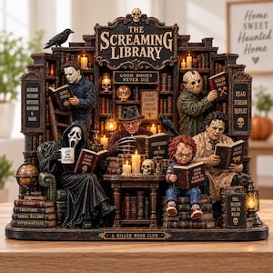 May include: A detailed horror-themed sculpture titled The Screaming Library, featuring miniature figures of iconic horror characters reading books in a library setting with lit candles, skulls, and text including A Killer Book Club.