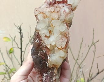384 グラムの蛍石と方解石の結晶クラスター、ユニークな濃い紫と黄金色