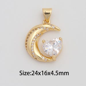 Dainty Gold Crescent Moon Pendant,18K Gold Filled Celestial Charms,Micropavé CZ Heart Charm for DIY Necklace Bracelet Jewelry Finding Supply