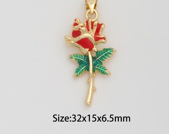 Delicado colgante de rosa roja dorada, dijes de flores rellenos de oro de 18 quilates, dije de flor de rosa esmaltada para collares, pulseras y accesorios de joyería DIY.