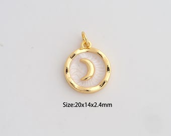 May include: Gold-colored pendant with a crescent moon design inside a circular frame. The pendant measures 20mm x 14mm x 2.4mm. The moon is gold, and the background is white. The pendant has a loop at the top for attaching to a chain.