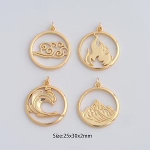 Zierlicher Goldelementarer Anhänger, 18K Gold füllte Wasser-Feuer-Erde-Luft-Charme, runder Anhänger für DIY-Halsketten-Armband-Schmuckzubehör