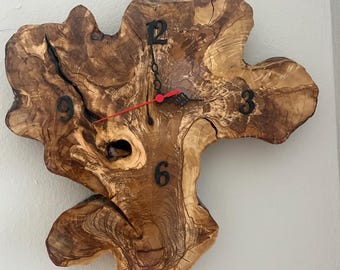 Handmade Olive Wood Wall Clock: Live Edge Rustic Home Decor