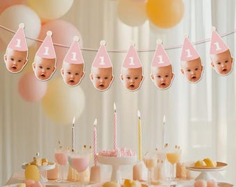 Custom Face Birthday Banner – Pastel Party Decoration with Hat