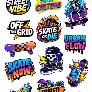 May include: A selection of skateboard-themed stickers with bold designs. The stickers feature phrases such as "Street Vibe" and "Skate or Die," alongside illustrations of skateboards, skulls, and graffiti art. The stickers are brightly coloured and striking.